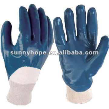 Acabado liso de nitrilo azul recubierto con guantes de punto de muñeca